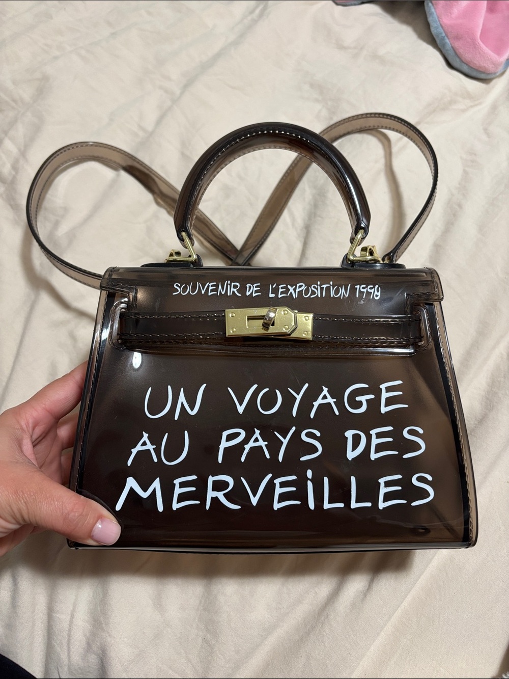 Transparent Brown Top-Handle Mini Bag with White Script